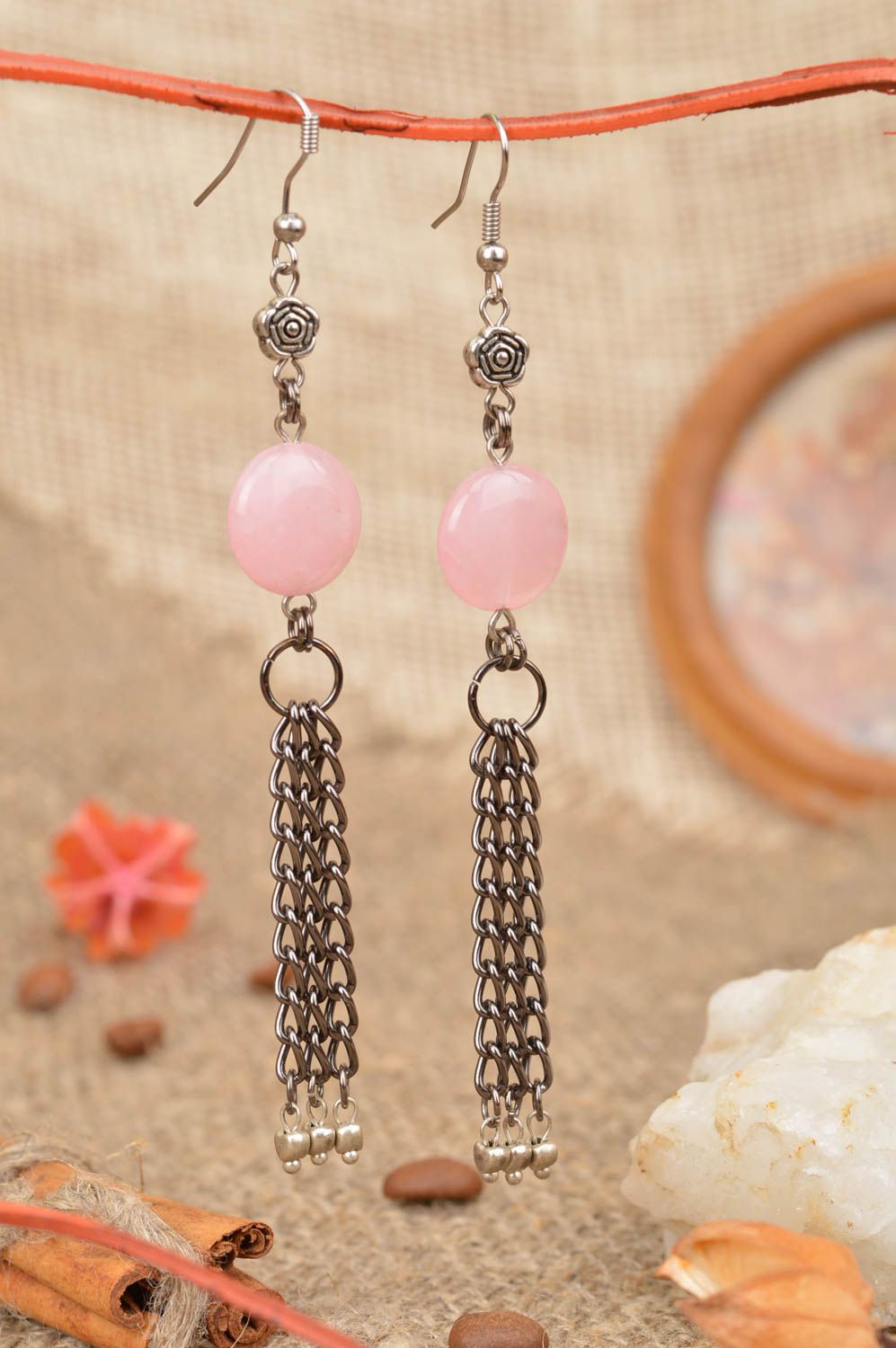 Beautiful homemade designer long metal earrings with pink beads photo 1