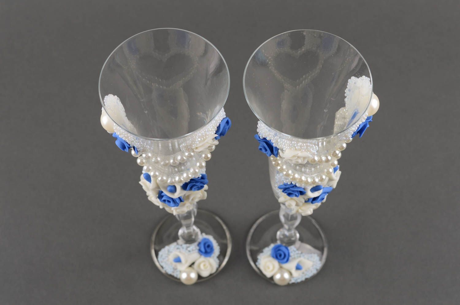 Flûtes à champagne Vaisselle en verre faites main bleu blanc Cadeau mariage photo 5