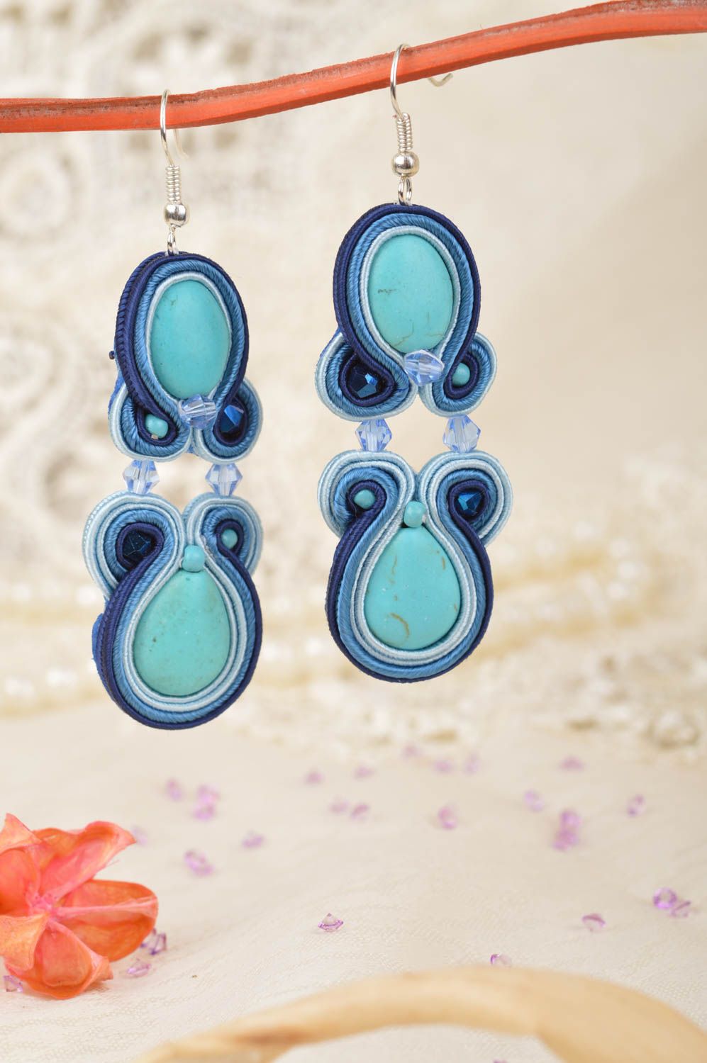 Beautiful handmade stylish designer long textile soutache earrings with beads photo 1