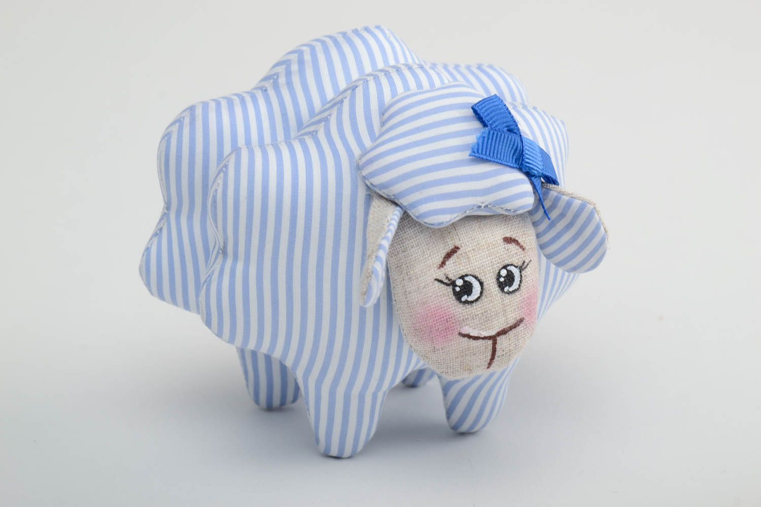 Handmade small soft toy lamb sewn of blue and white striped linen fabric photo 2