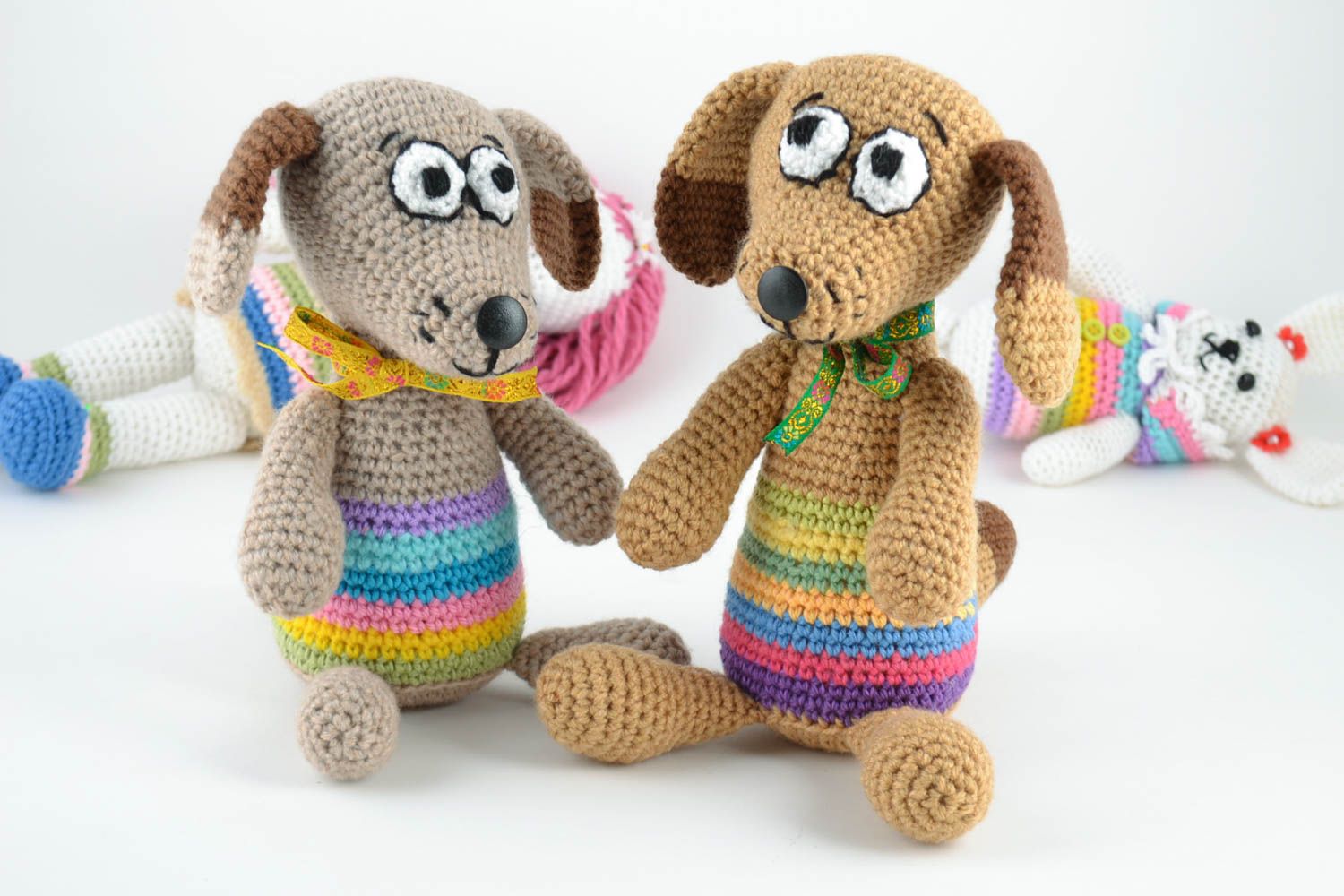 Set of 2 handmade soft toys crocheted of woolen and semi woolen threads dogs photo 1