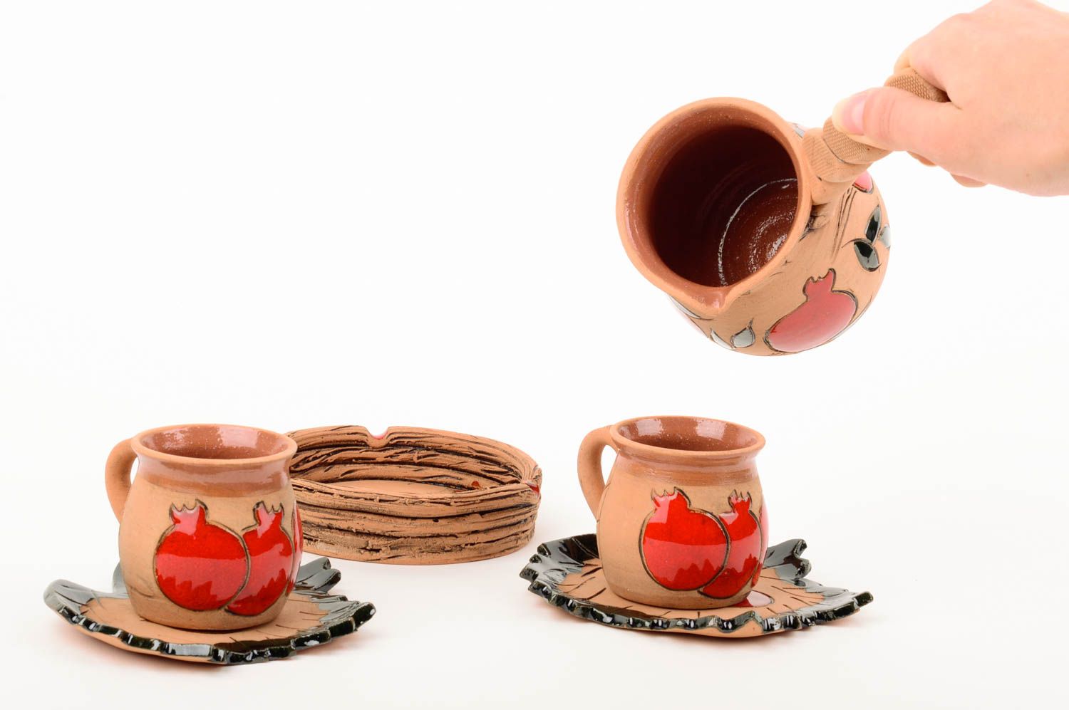 Set of handmade ceramic pottery - one turk, two coffee cups, and an ashtray photo 2