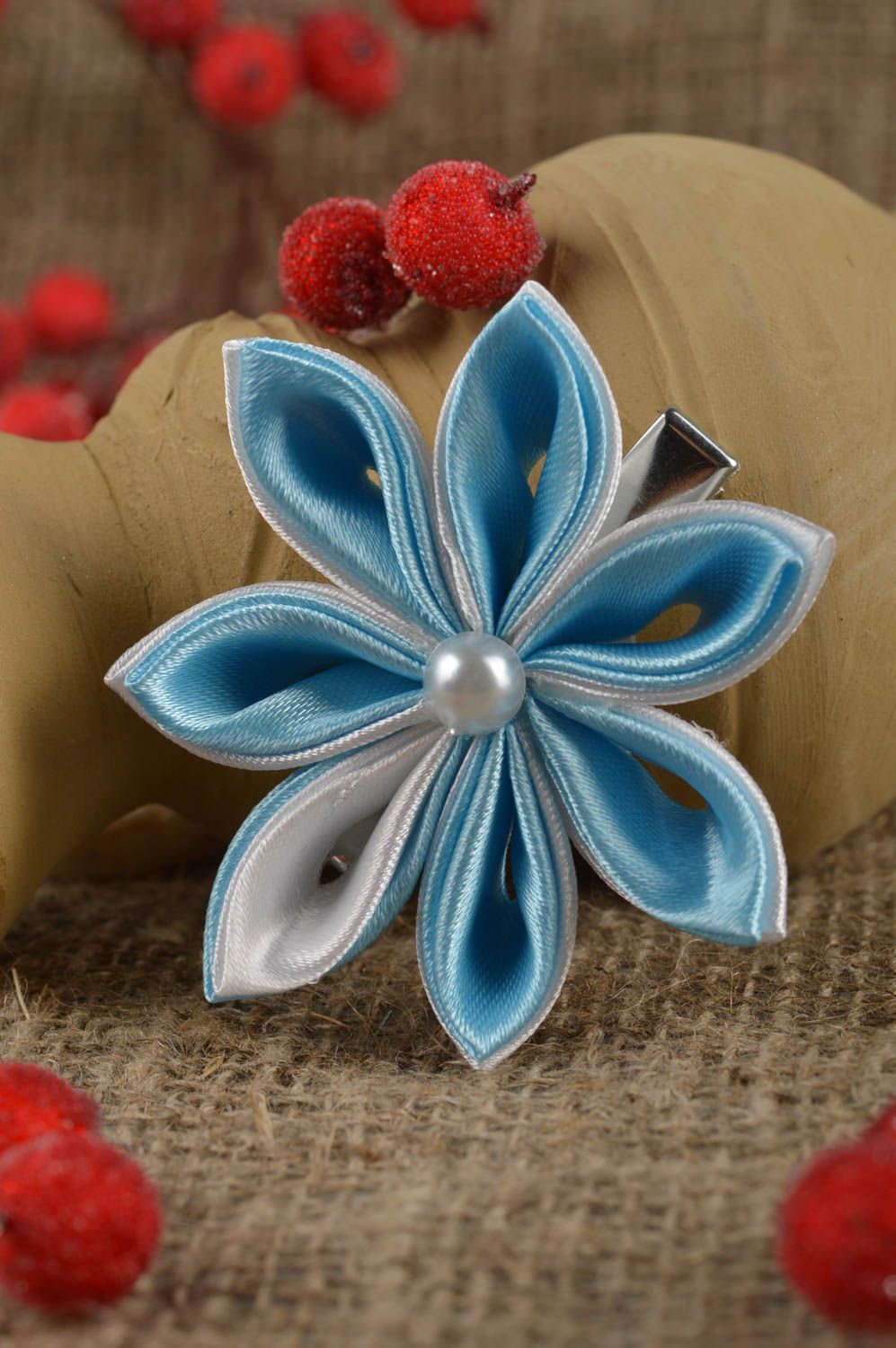 Handmade Kinder Haarklammer Haarspange Blume Geschenk für Mädchen blau weiß foto 1