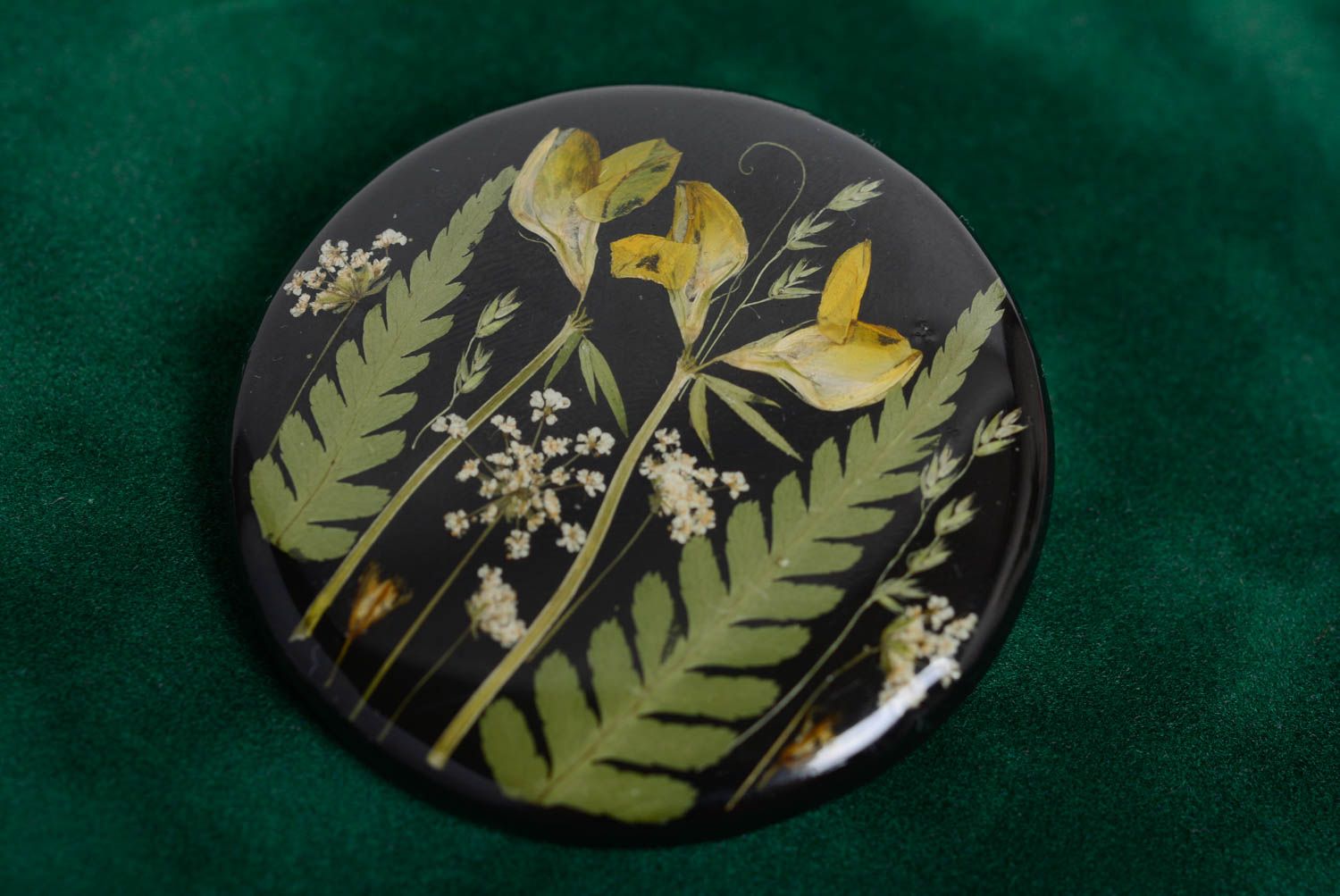 Handmade polymer clay dark round brooch with dried flowers in epoxy resin  photo 3