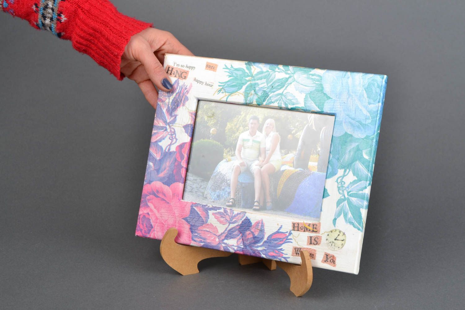 Cadre photo décoratif en bois fait main technique de serviettage de design photo 2