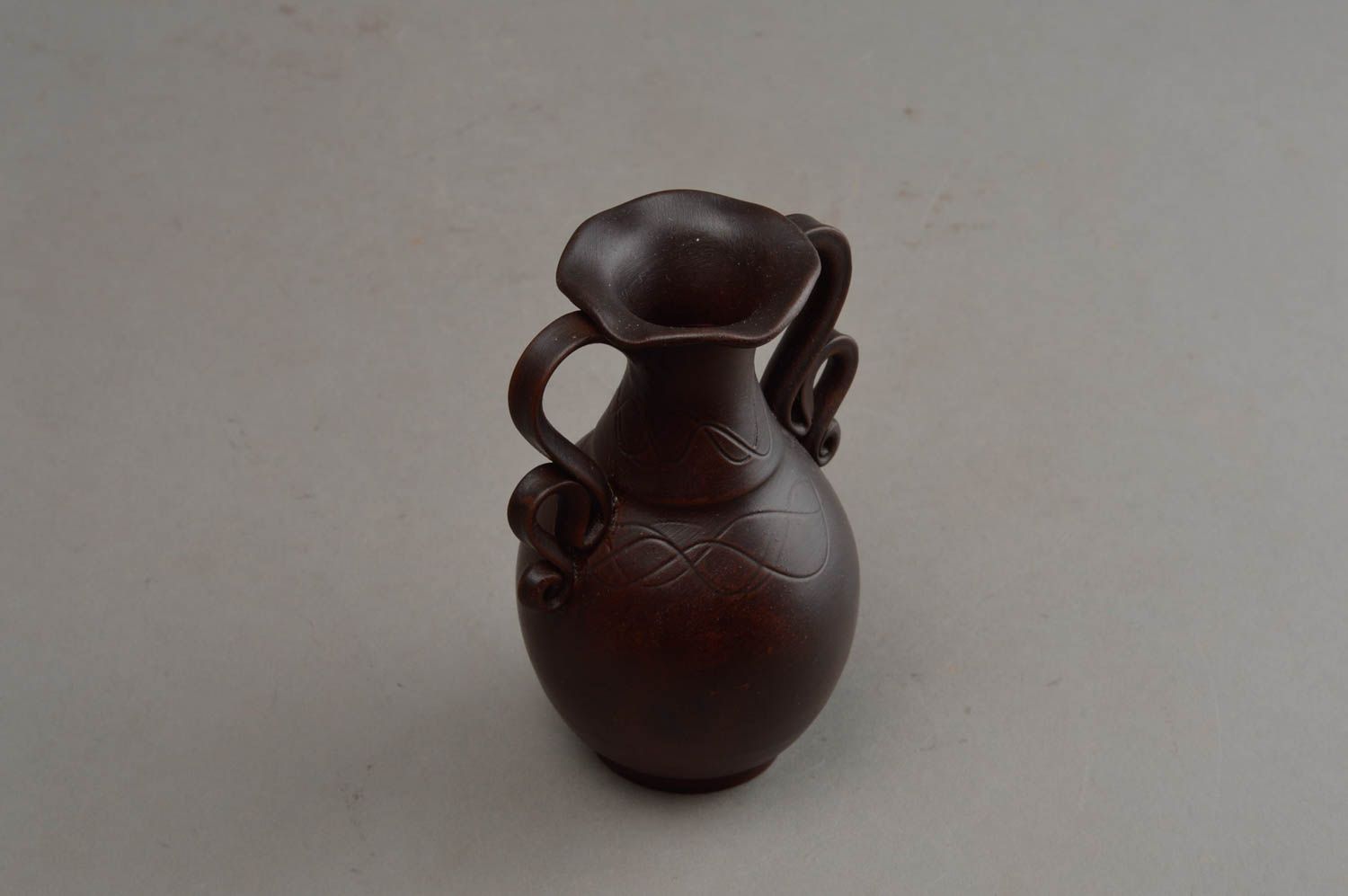 20 oz brown ceramic clay flower vase, wine carafe with two handles 5 inches, 0,5 lb photo 8