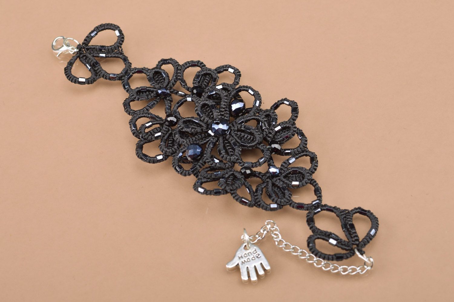 Wide black lacy ankars tatting bracelet woven of satin threads handmade photo 3