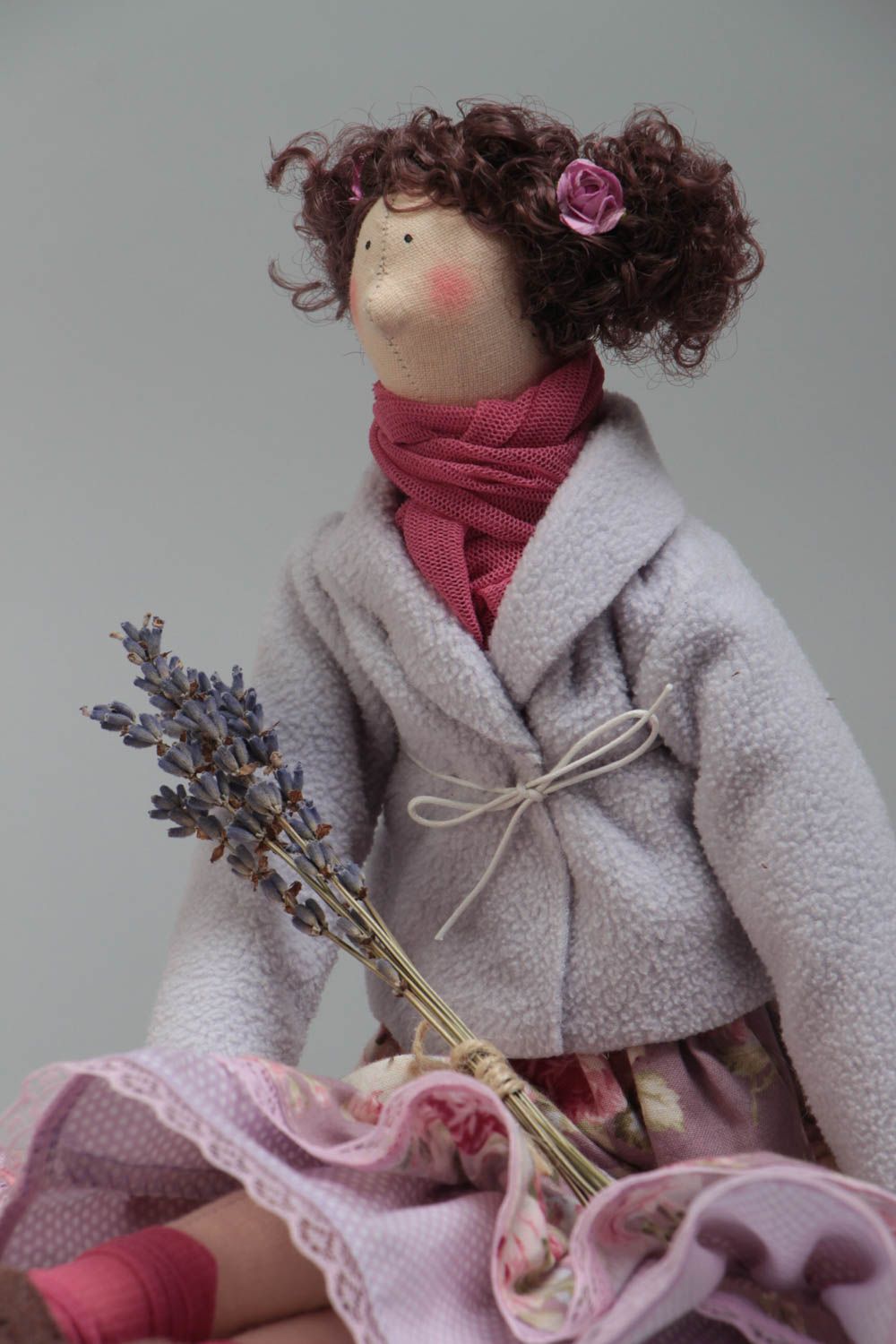 Handmade designer small fabric soft doll with curly hair in violet color palette photo 3