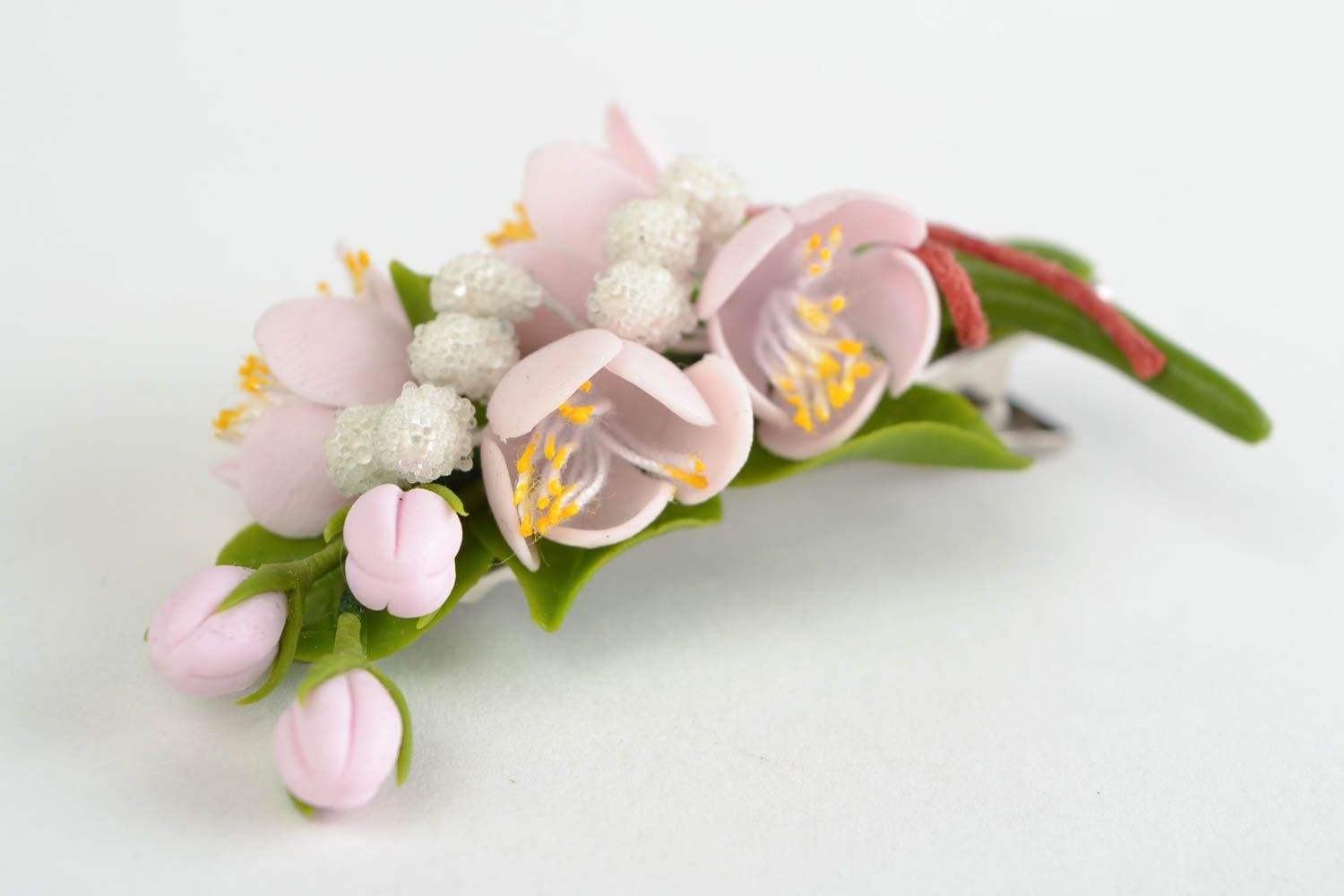 Volume flower handmade cold porcelain brooch hair clip Apricot Branch photo 3