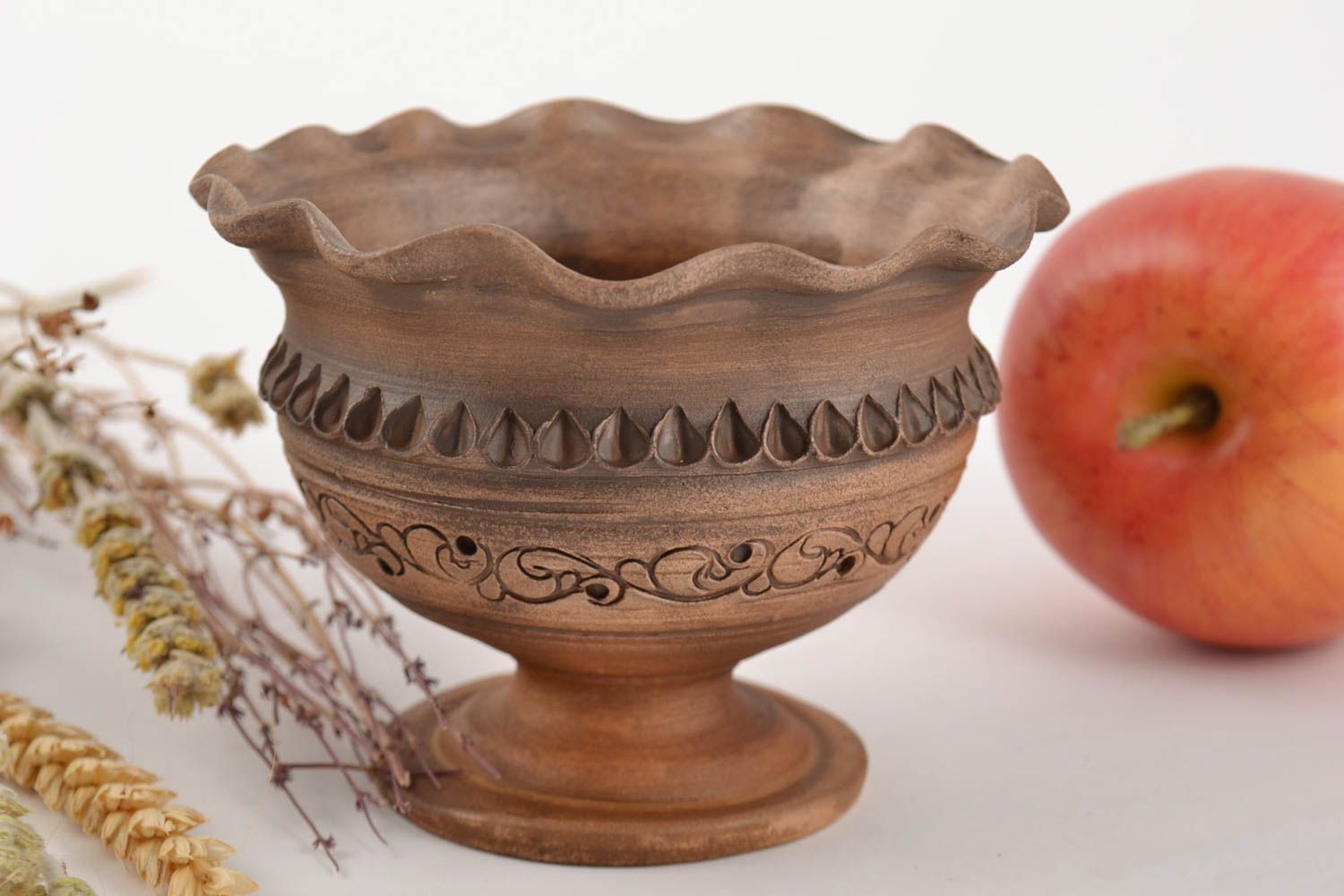 Beautiful handmade molded clay ice cream bowl with ornament 250 ml photo 1