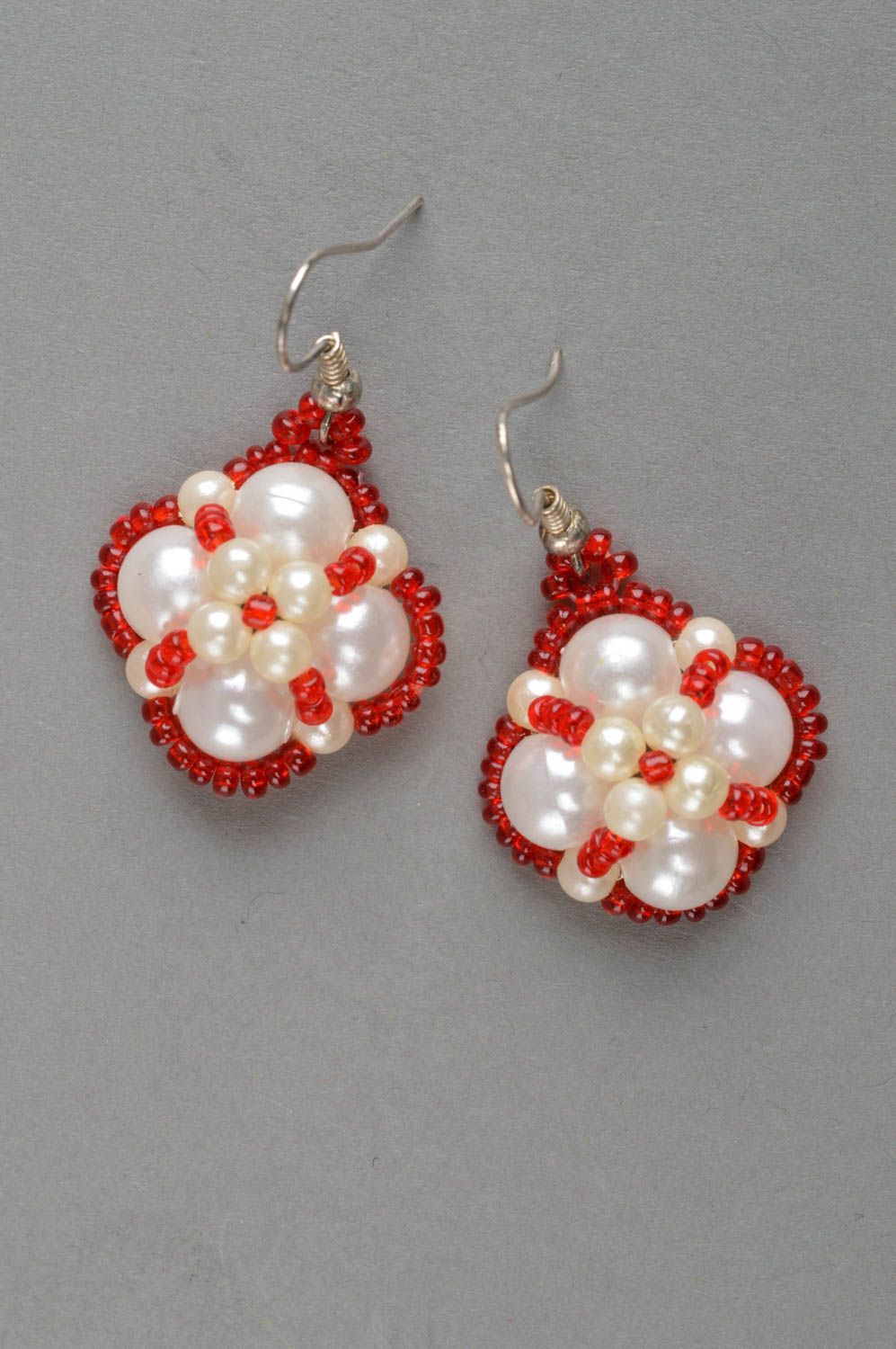 Handmade beaded earrings red and white accessories unusual designer jewelry photo 2
