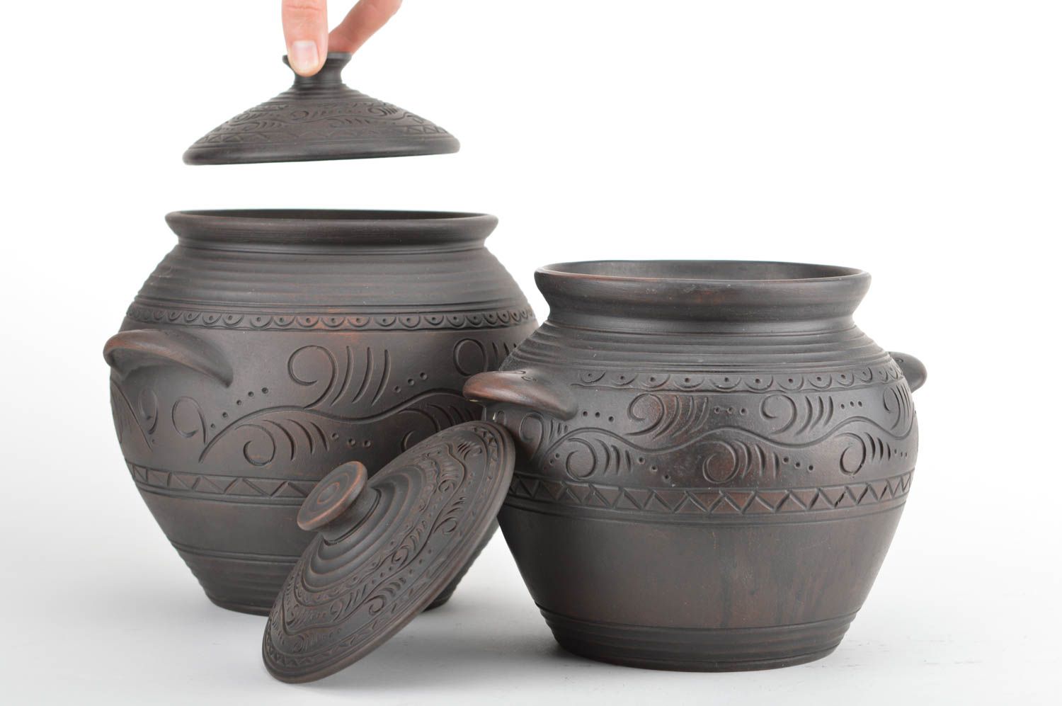 Set of 2 handmade ceramic pots with lids for baking for 2 and 4 l dark ethnic photo 2