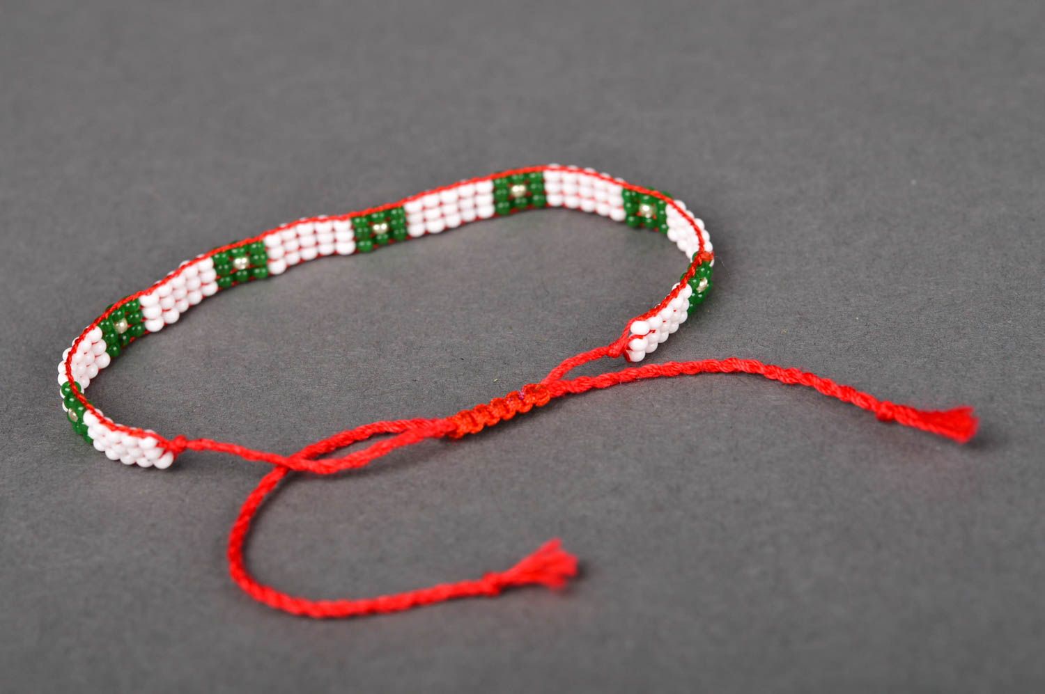 Knitted red cord handmade pink and green color bracelet for young girls photo 2