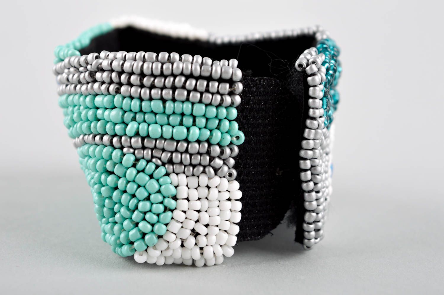 Stylish handmade beaded wide wrist bracelet in turquoise, white and black colors photo 4