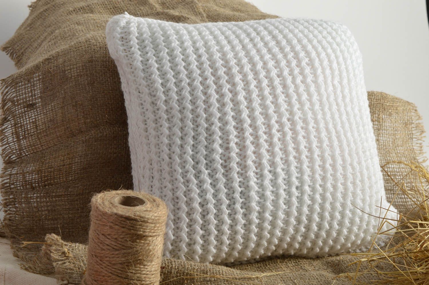 Small stylish beautiful handmade white knitted pillowcase designer accessory photo 1