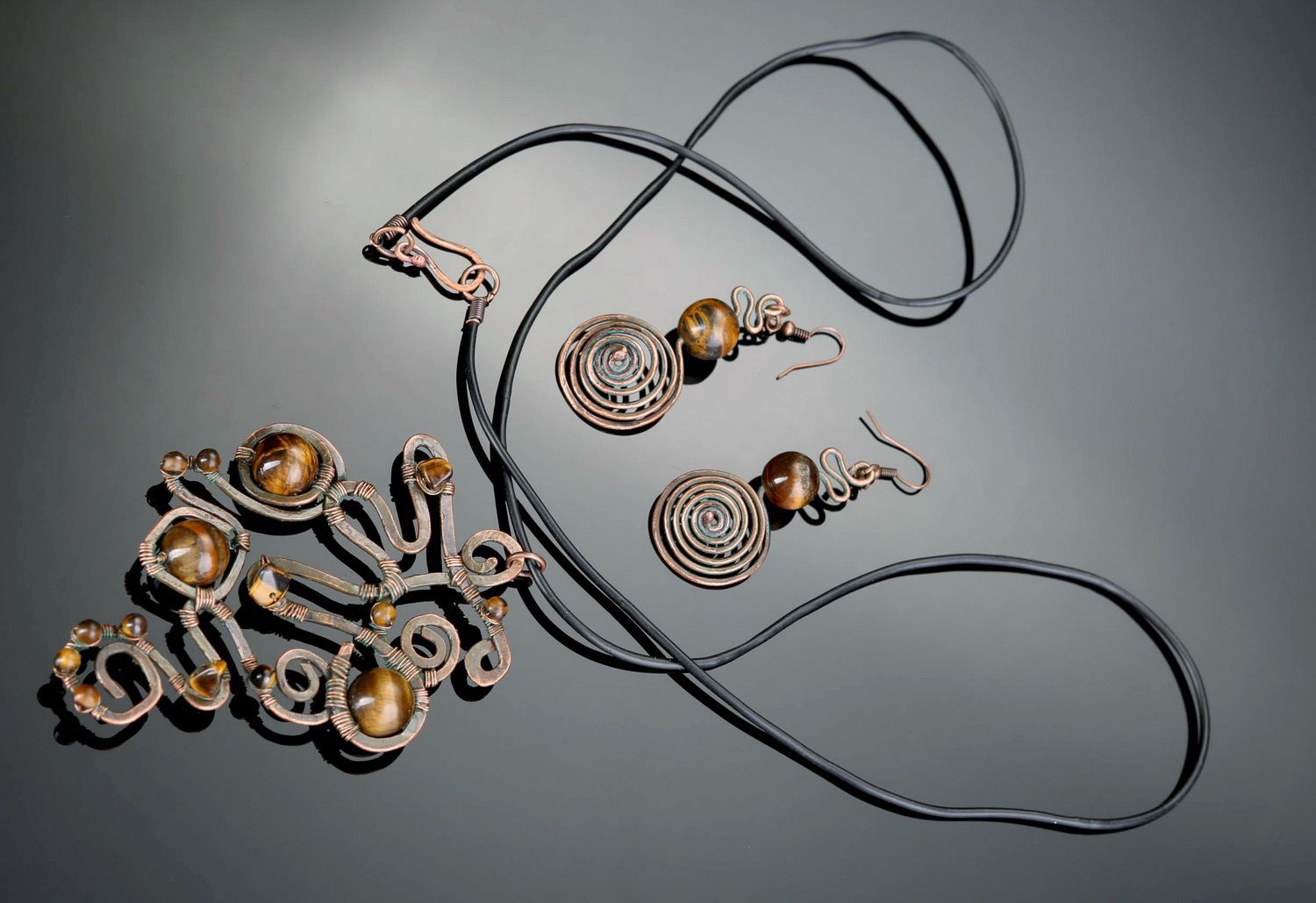 Conjunto de joyas de cobre con ojo de tigre Laberinto del Minotauro pendientes+colgante foto 6