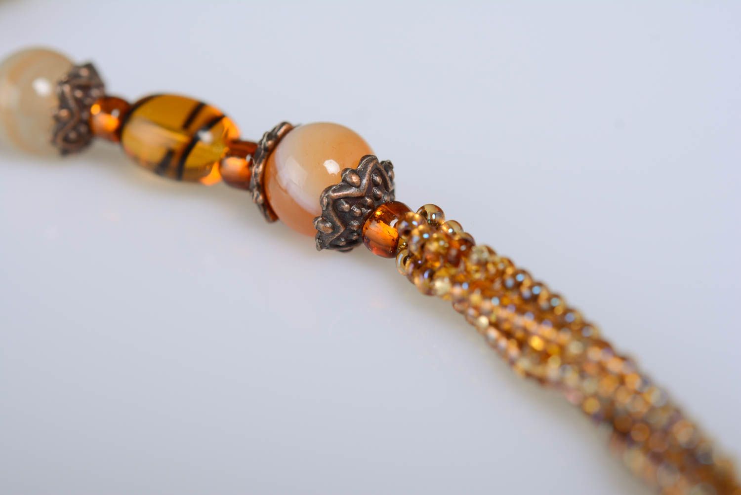 Handmade designer bead embroidered necklace with natural agate of terracotta color photo 5