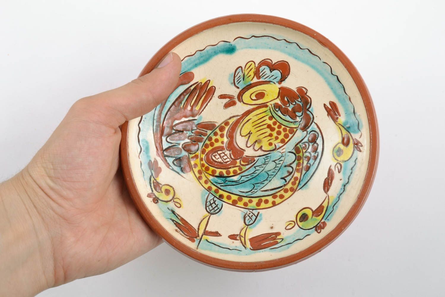 Assiette creuse décorative céramique peinte de glaçure ronde faite main avec coq photo 2