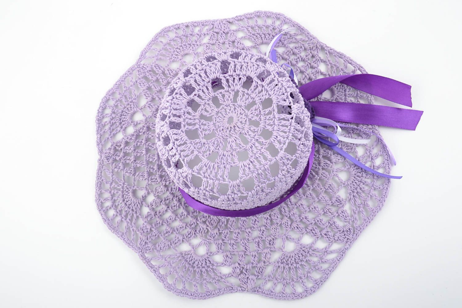 Handmade designer cotton crocheted lacy summer hat with violet flower for women photo 4