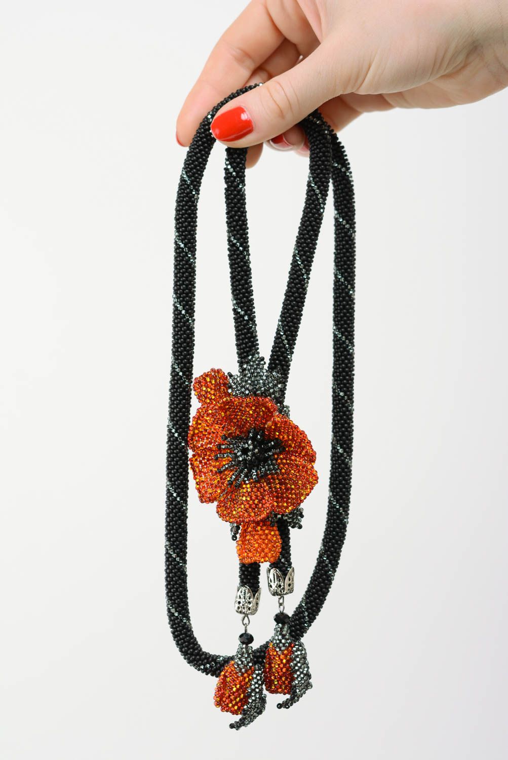 Handmade woven beaded black cord necklace with volume red poppy flower  photo 4