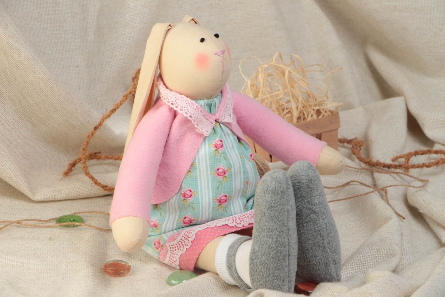 Handmade designer cotton fabric soft toy rabbit girl in dress and pink jacket photo 1