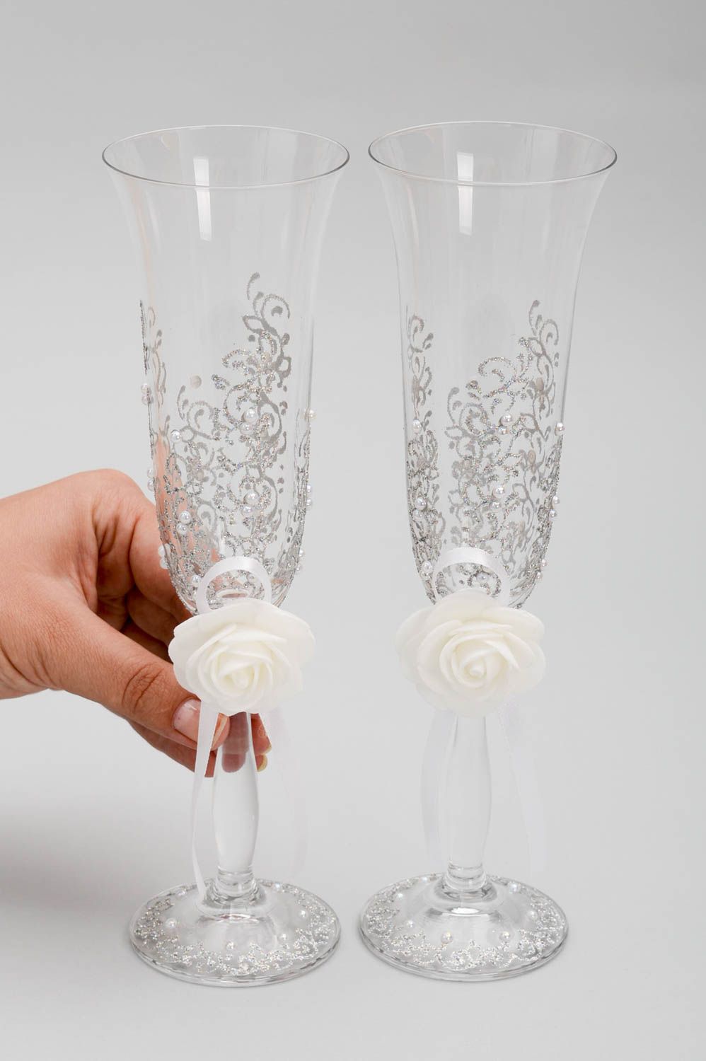 Handmade Gläser Set Geschirr aus Glas Sektgläser zur Hochzeit elegant 2 Stück foto 5