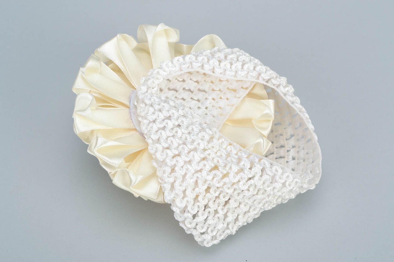 Handmade decorative elastic headband of milky color with flower for baby girl photo 5