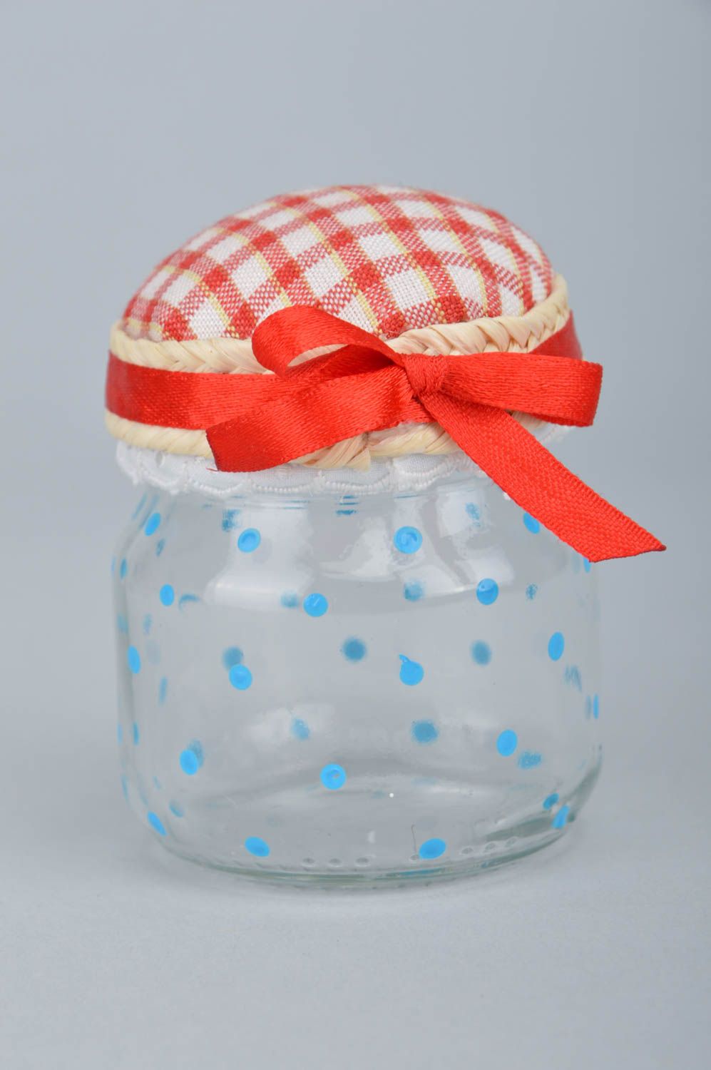 Unusual beautiful handmade checkered fabric pincushion with glass jar basis photo 4