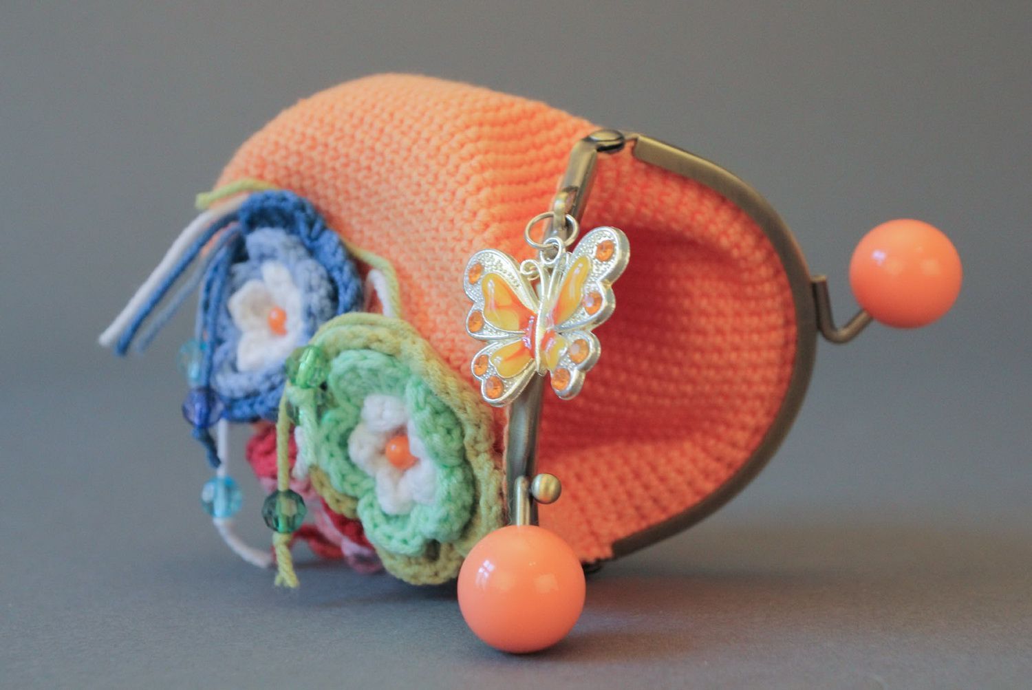 Cotton purse with flowers and butterfly photo 1