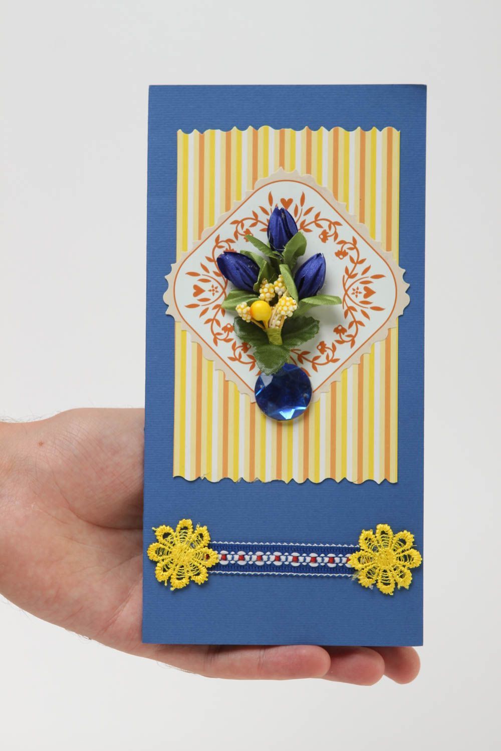 Postal para felicitar artesanal azul tarjeta decorada a mano regalo original foto 5