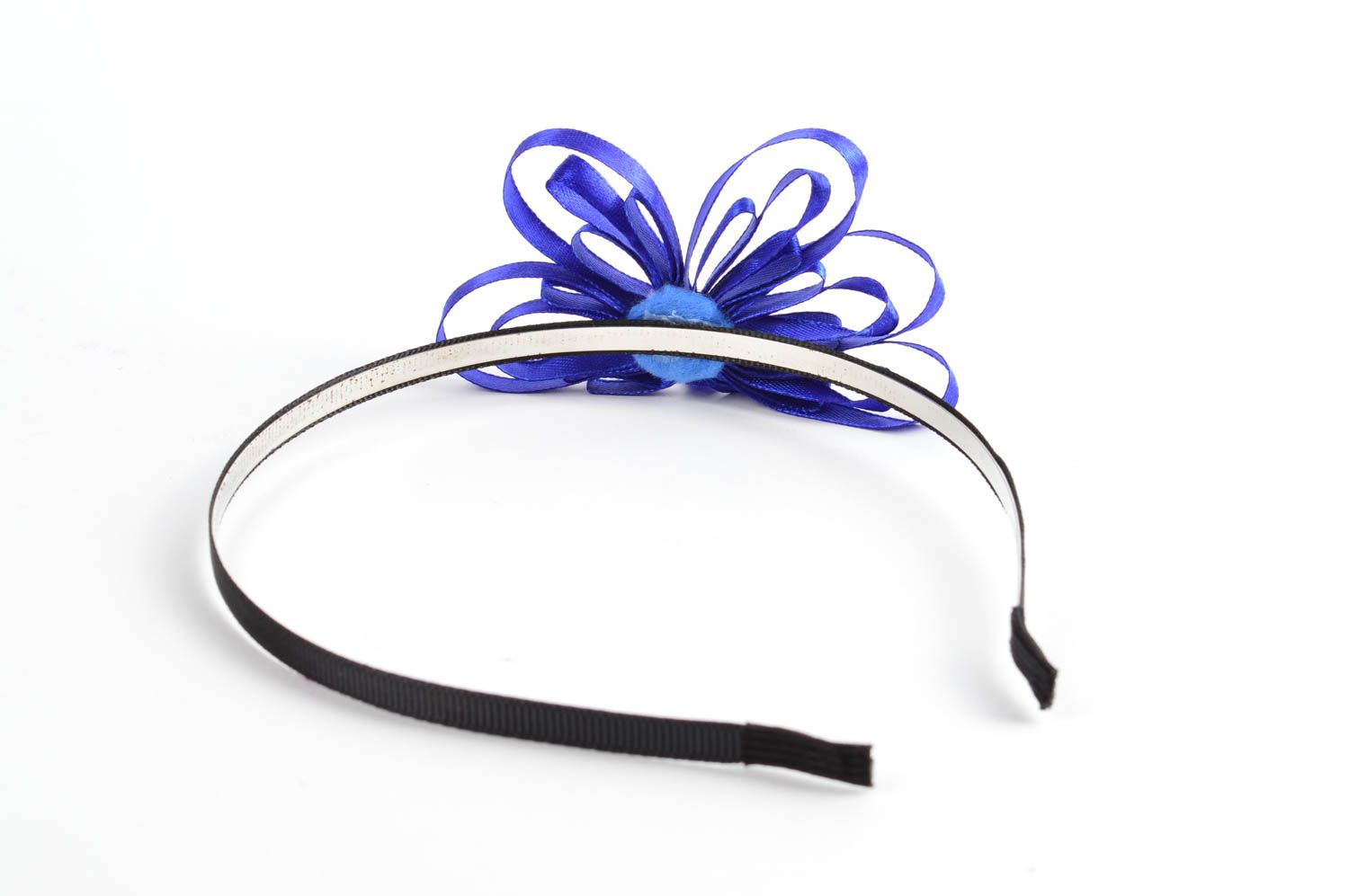 Serre-tête fleur Accessoire cheveux fait main bleu satin métal Cadeau femme photo 4