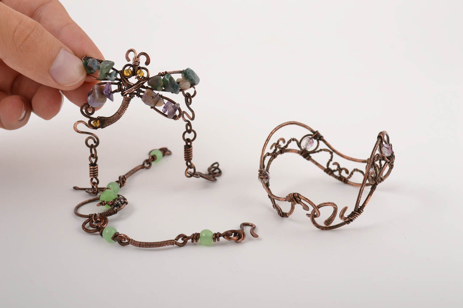 Handmade bracelet jewelry set of 3 items wire wrap bracelet designer accessory photo 4
