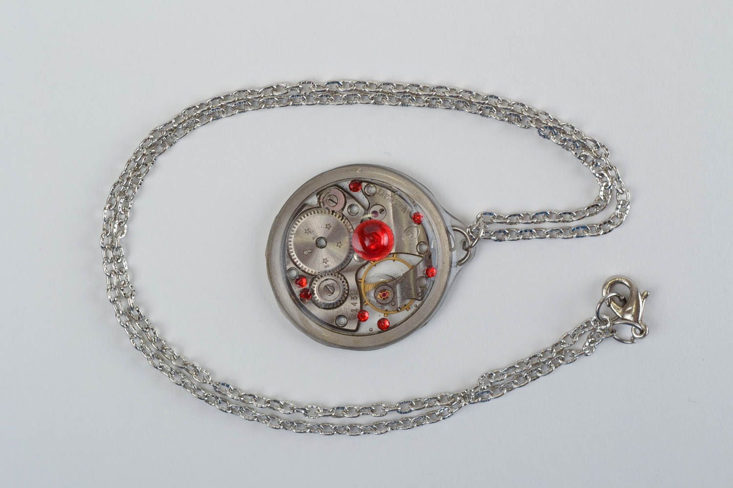 Handmade designer round steampunk pendant with rhinestones on metal chain photo 4