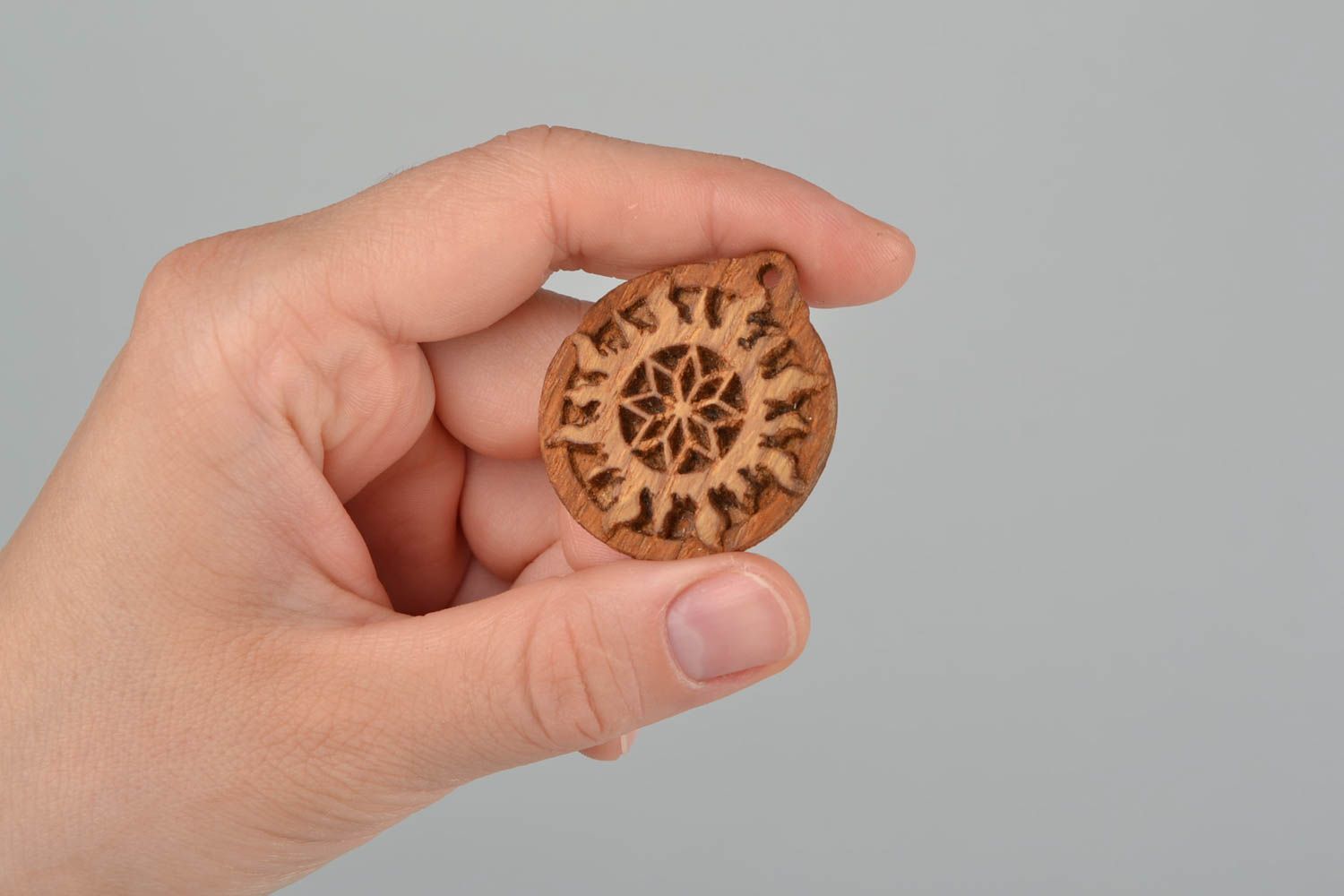 Slavonic handmade carved pendant amulet made of wood solar Alatyr  photo 2