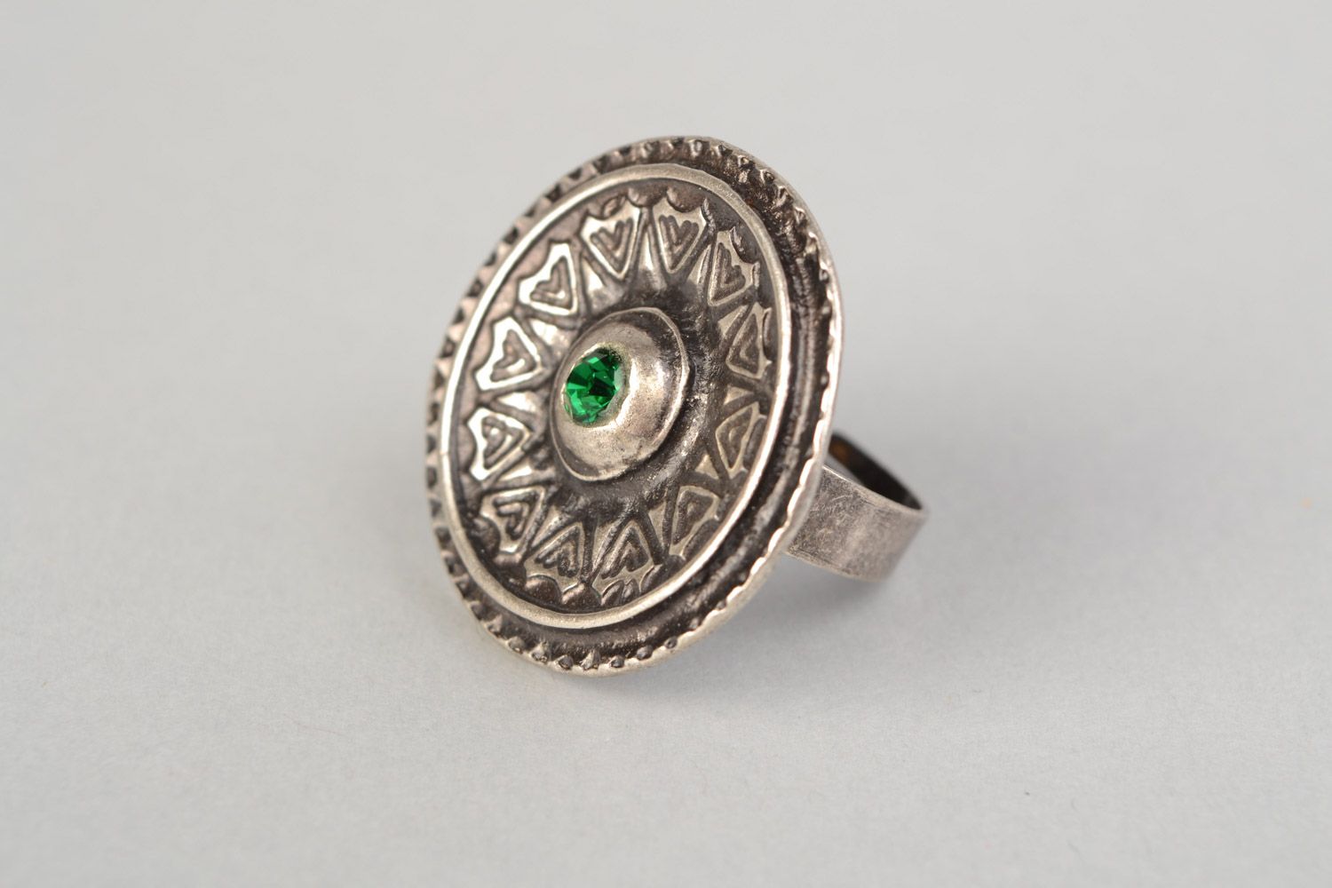 Handmade round metal ring with green rhinestone in ethnic style for women photo 5