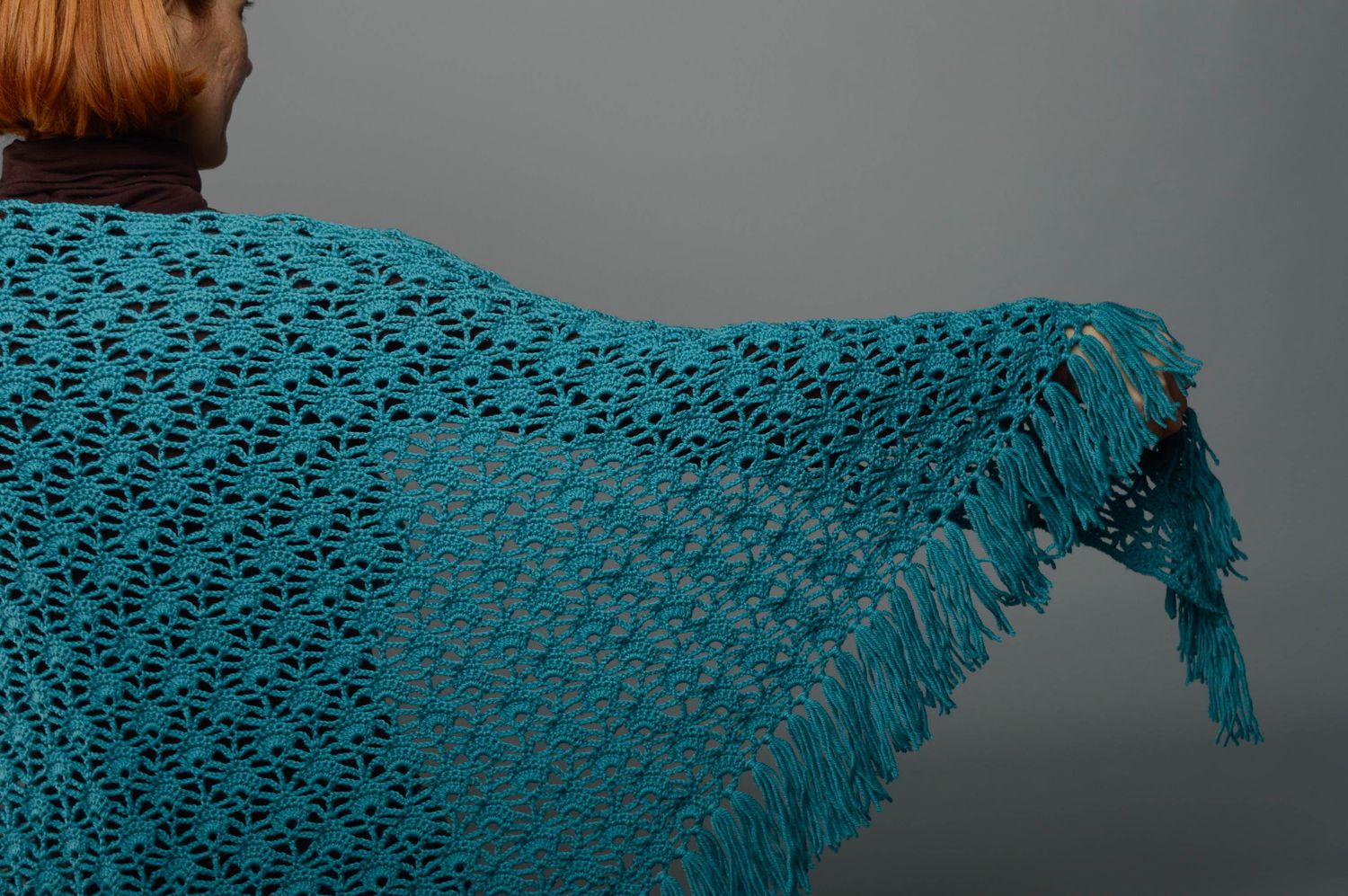 Hand crochet wool shawl of turquoise color photo 2