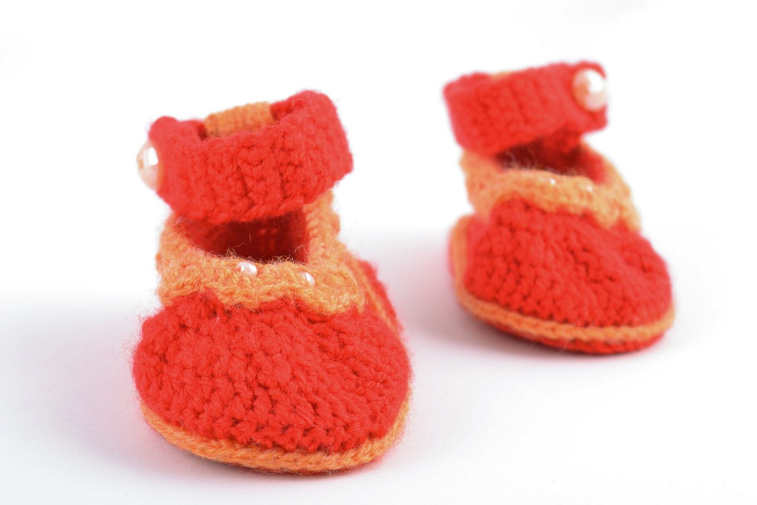 Handmade red knitted cotton baby booties in the shape of sandals  photo 5