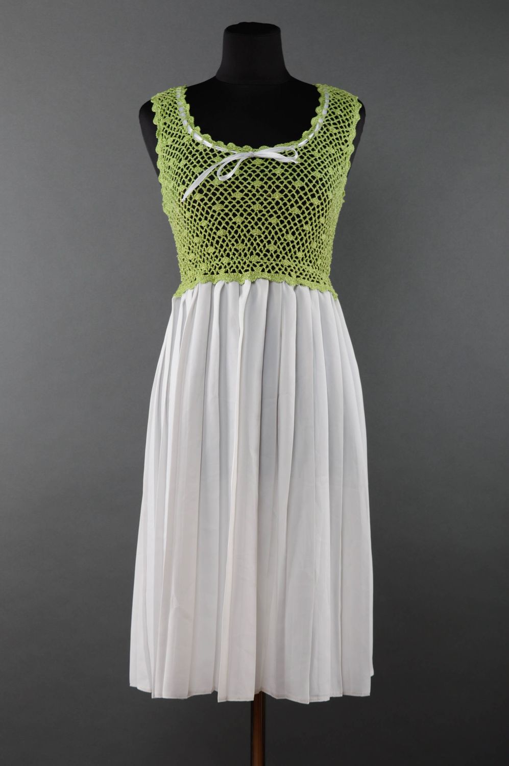 Summer crochet dress of olive color with white skirt photo 1