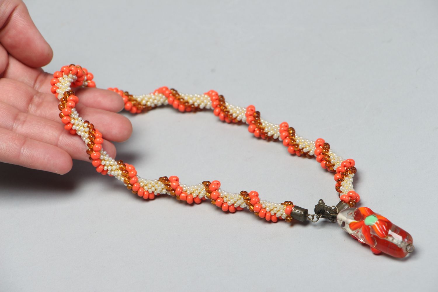 Beaded cord necklace with lampwork glass pendant photo 4