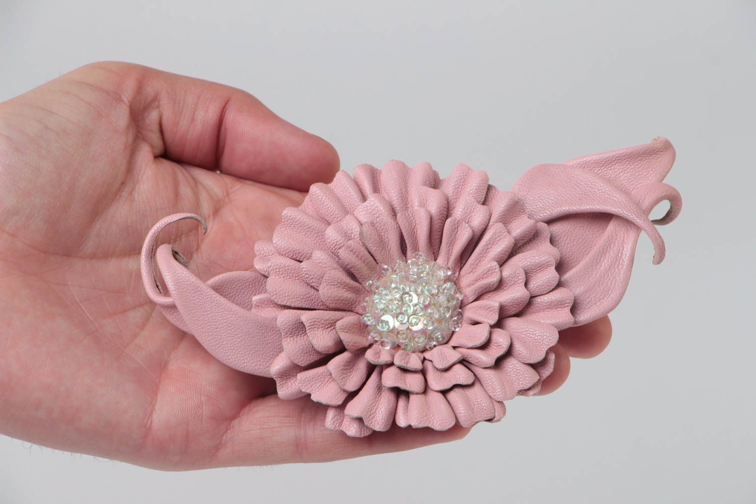 Unusual women's handmade leather flower brooch with pink gerbera photo 5