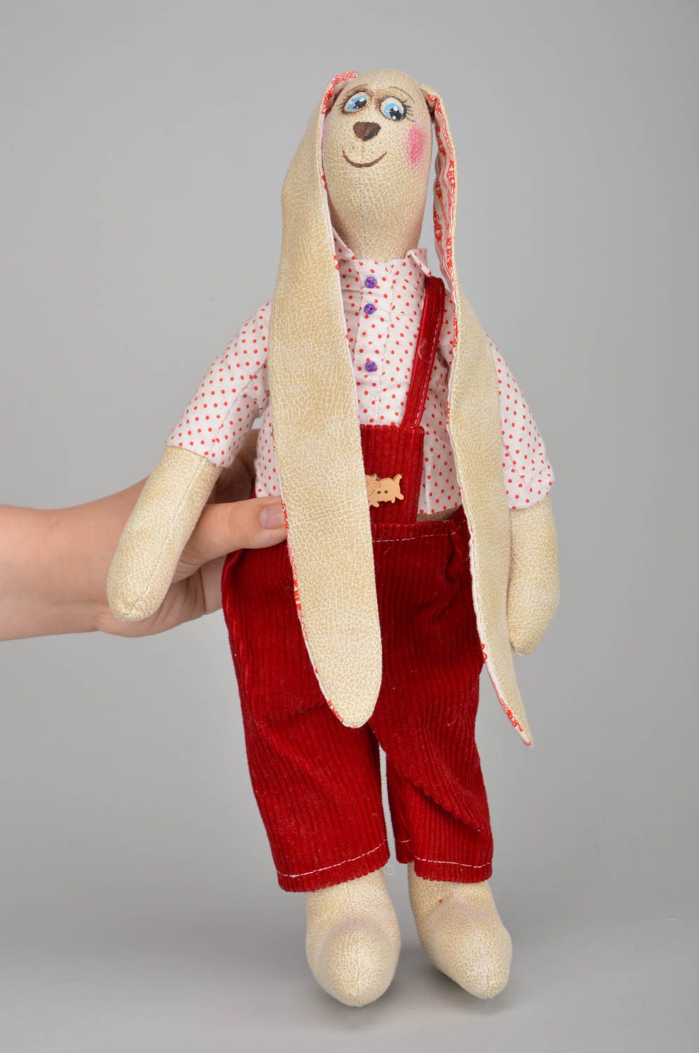 Handmade designer cotton fabric soft toy rabbit boy in red trousers and shirt photo 3