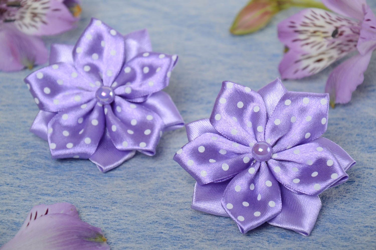 Children's handmade lilac textile flower hair ties set 2 pieces kanzashi photo 1