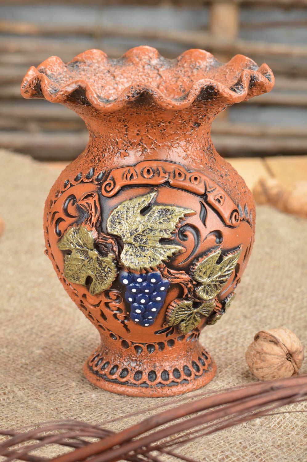 Beautiful handmade designer brown clay flower vase with fretwork 300 ml photo 1