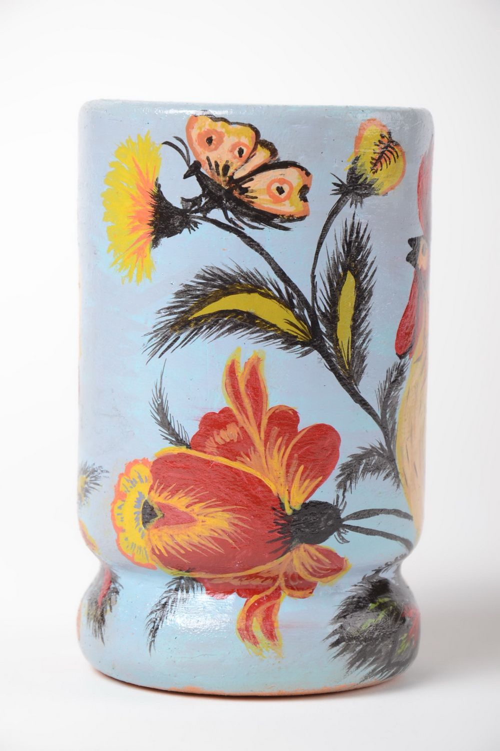 Vase en argile pour fleurs fait main peint de couleurs acryliques avec coq photo 2