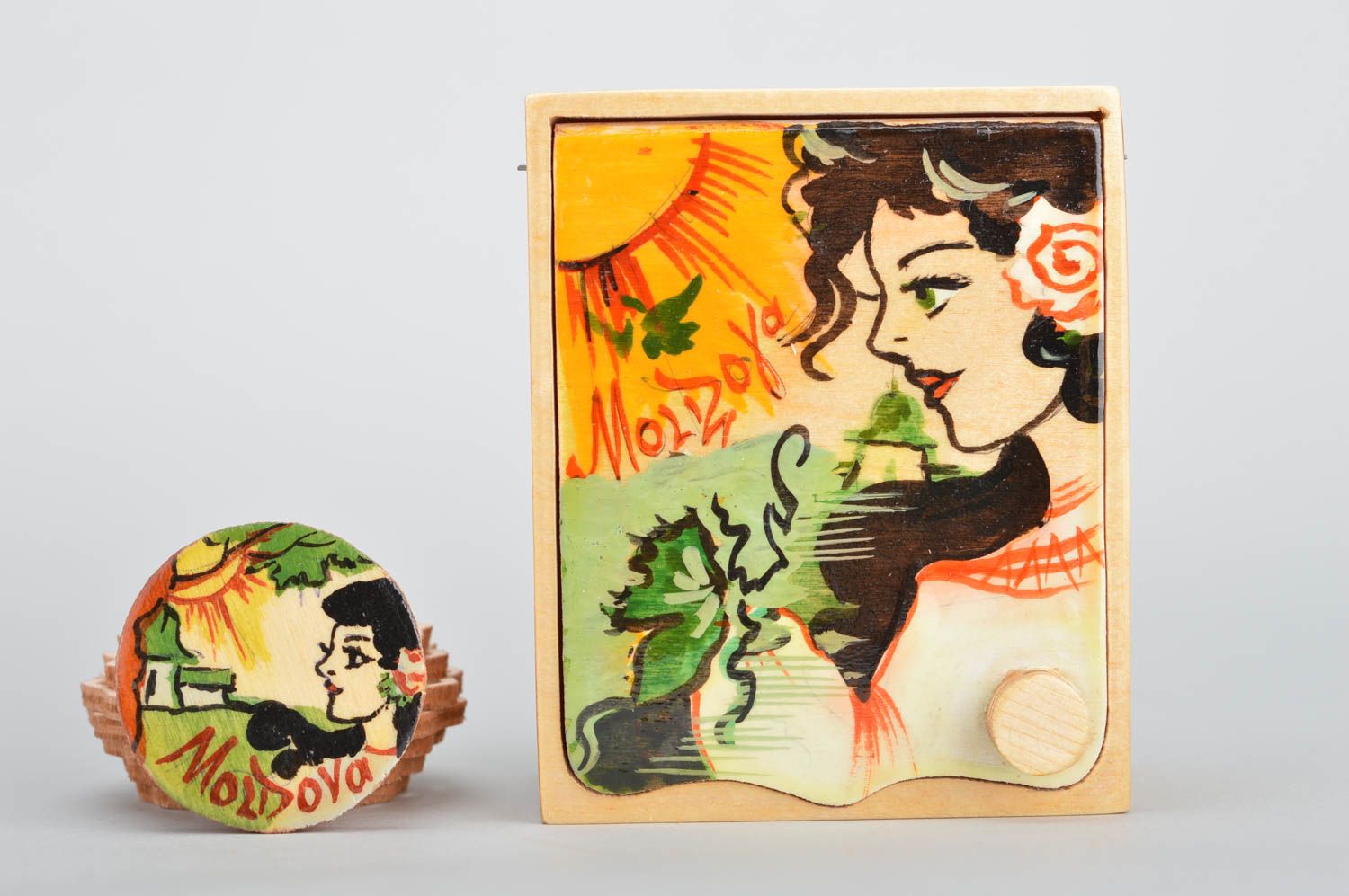 Handmade set of 2 different jewelry boxes made of plywood with designer painting photo 2