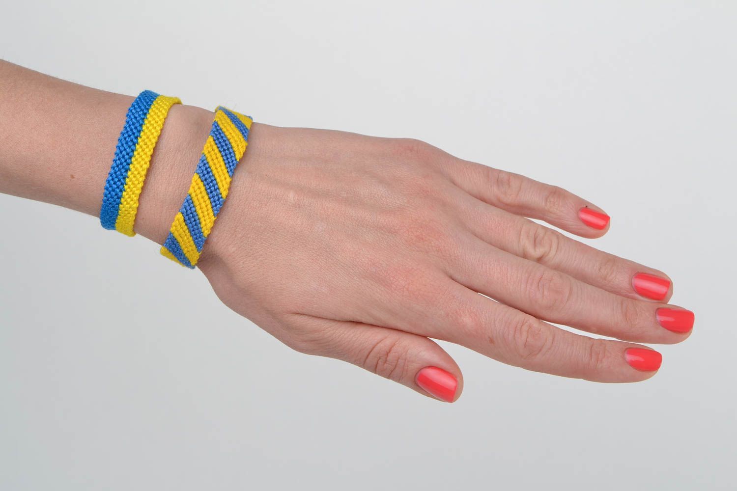 Set of 2 handmade designer yellow and blue macrame friendship wrist bracelets  photo 2