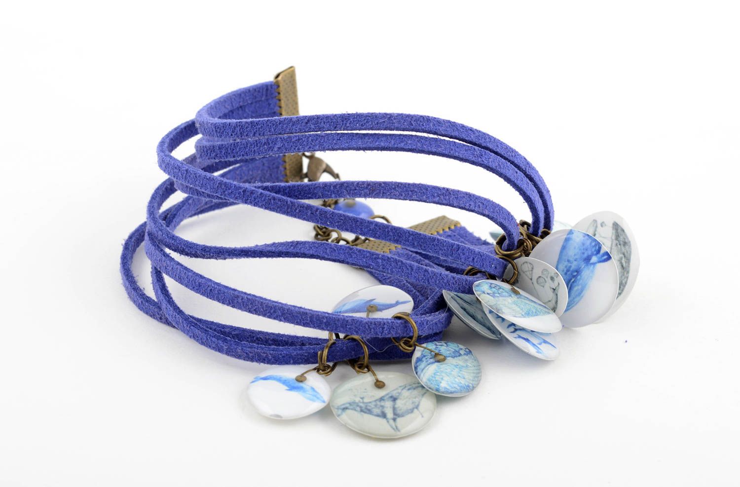 Bracelet large en daim Bijou fait main bleu multirang stylé Cadeau femme photo 2