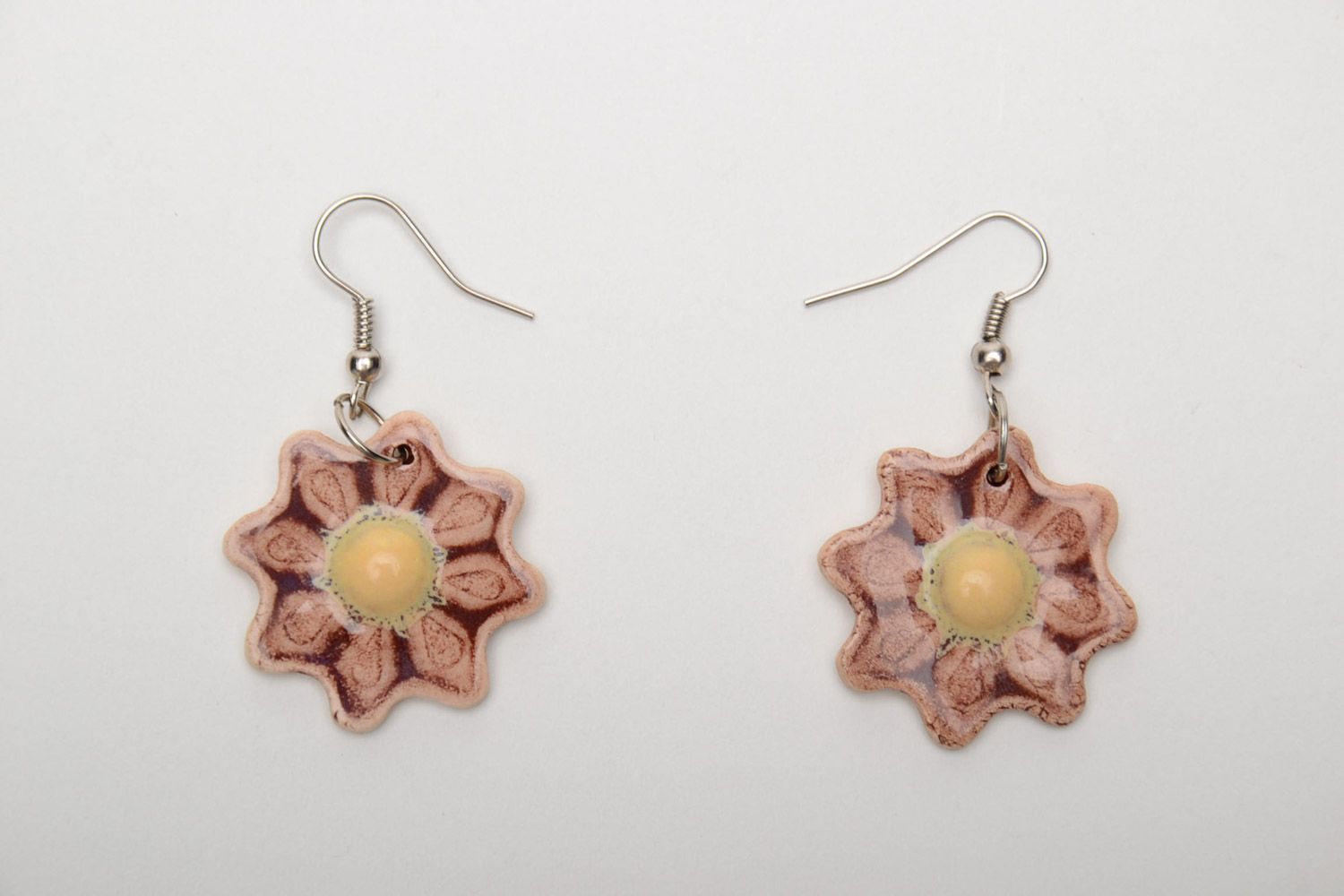 Handmade floral dangle earrings molded of clay and coated with enamels  photo 5