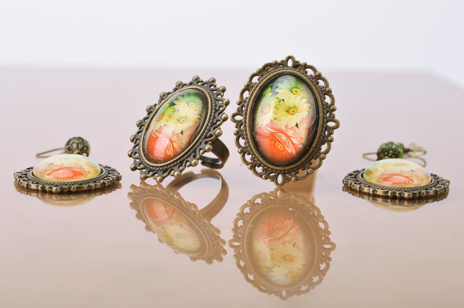 Set of handmade vintage jewelry on metal basis brooch ring and earrings  photo 2