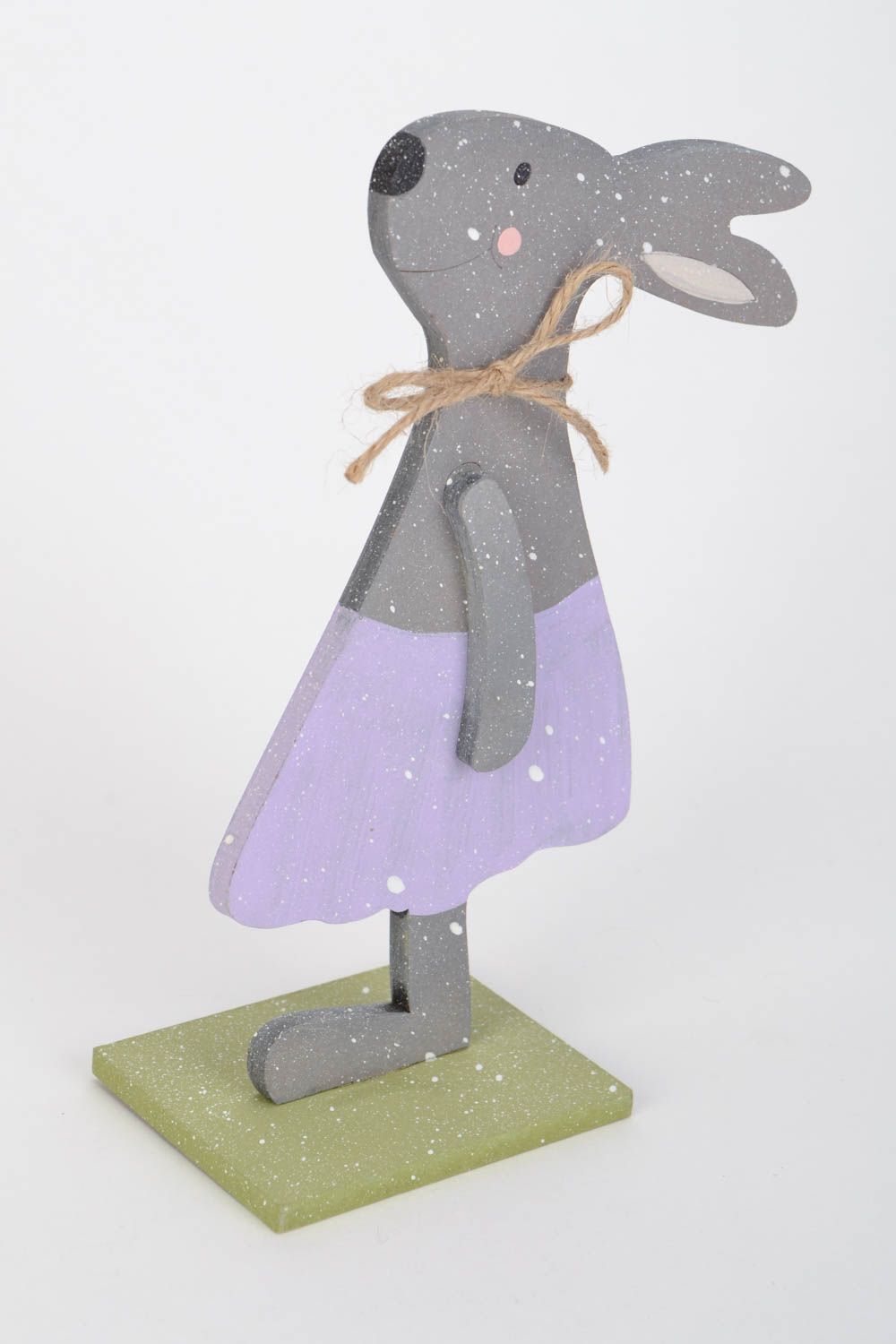 Handmade small plywood toy of gray rabbit in skirt painted with acrylics photo 3